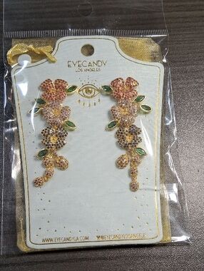 EYECANDY Gold Floral Drop Earrings with Pink, Purple & Green Accents